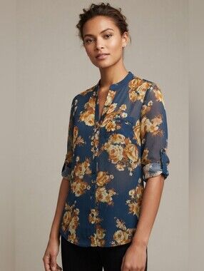 Kut from the Kloth Jasmine Floral Button Front Blouse Roll-Tab Sleeves, Medium